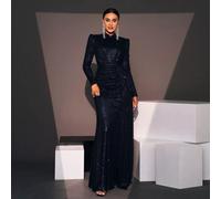 Vestito Abito Elegante Lungo Strass Blu Navy Sera Evento Cerimonia 11378