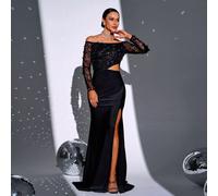Vestito Abito Elegante Lungo Strass Nero Spacco Sera Evento Cerimonia 11372