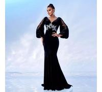 Vestito Abito Elegante Lungo Strass Nero Strass Strascico Sera Evento 21810
