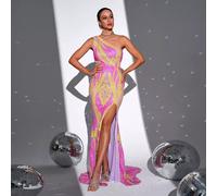 Vestito Abito Elegante Lungo Strass Rosa Strascico Sera Evento Cerimonia 11365