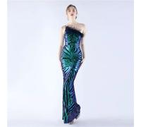 Vestito Abito Elegante Lungo Verde Lucido Strass Aderente Sera Evento 02085