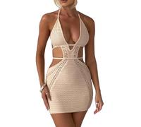 Vestito Aderente Sexy da Donna con Scollo Profondo a V e Scollo all'Americana, Fasciatura Estiva Senza Maniche, Schiena Scoperta, Mini Abito Lavorato a Maglia all'Uncinetto, Club Wear-Khaki-L