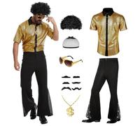Vestito anni '70 da uomo, il costume da discoteca da uomo è composto da una camicia con paillettes a maniche corte e un jeans a svasato per feste a tema e Halloween (oro, M)