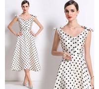 Vestito Avorio A Pois Neri Con Fiocchi Spalle Elegante Stile Bon Ton CF55998