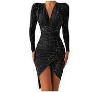 Vestito avvolgente da donna con paillettes, abito scintillante da donna, scollo a V, a vita alta, mini abito con orlo irregolare per feste, club, discoteca, danza, mini abiti, Nero , M
