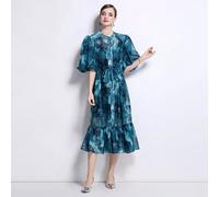 Vestito Azzurro Con Stampa Acquerello Blu E Gonna A Balze Da Cerimonia CF44519