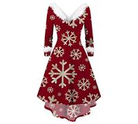 Vestito Babbo Natale- Abito da Donna di Natale Elegante Vestito di Natale con Scollo a V Abiti Stampa Natale a Linea Invernale Vestiti Christmas Vintage Costume Natale Donna Abito Capodanno Donna