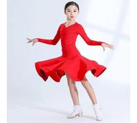 Vestito Ballo Latino Ragazza Abbigliamento Danza Sala per Bambini Pratica E Performance Cha Cha Rumba Samba,Rosso,130cm