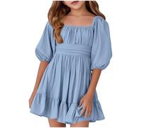 Vestito Bambina a Maniche Corte Elegante Abito in Lino Estivo A-Line Abito Principessa per Ragazza 5-15 Anni Abiti da Sposa per Feste Completi Scolastici Abbigliamento Bambine