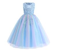 Vestito Bambina Fiore Damigella Ragazza Principessa Abito Maxi Pizzo Senza Maniche Floreale Lunga Gonna Tutu per Festa Compleanno Battesimo Vestiti da Matrimonio Ballo Arcobaleno Blu 11-12 anni