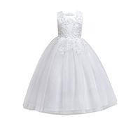 Vestito Bambina Fiore Damigella Ragazza Principessa Abito Maxi Pizzo Senza Maniche Floreale Lunga Gonna Tutu per Festa Compleanno Comunione Battesimo Vestiti da Matrimonio Ballo Bianca 11-12 anni
