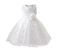 Vestito bambina primavera/tinta unita senza maniche paillettes, motivo floreale, abito a rete, compleanno, scuola al ginocchio ragazza, bianco, 5-6 Jahre