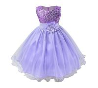Vestito bambina primavera/tinta unita senza maniche paillettes, motivo floreale, abito a rete, compleanno, scuola al ginocchio ragazza, Lilla, 5-6 Jahre