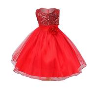 Vestito bambina primavera/tinta unita senza maniche paillettes, motivo floreale, abito a rete, compleanno, scuola al ginocchio ragazza, Colore: rosso, 5-6 Jahre