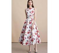 Vestito Bianco Con Fiori Rossi Rosa Gialli Midi Elegante Vita Alta CF54103