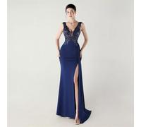 Vestito Blu Marino Lungo Cerimonia Sirena Con Ricami E Scollo Profondo CF53574