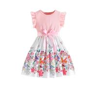 Vestito Bowknot Bambina a Maniche Corte Cotone Vestito Ragazza Principessa A-Line Estivo Abiti Estivi Elegante Abito da Sposa per Feste Completi Scolastici Abbigliamento per Bambine 3-8 Anni