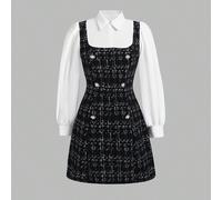 Vestito camicia 2 in 1 per ragazze pre-adolescenti, casual ed elegante, in maglia con patchwork a quadri, doppio petto, maniche lunghe, stile accademia vintage, adatto per il ritorno a scuola e l'uso 
