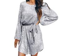 Vestito Capodanno Donna Paillettes - Abito con Paillettes da a Maniche Lunghe Girocollo Scintillante Mini Abito Glitterato Elegante Abito da Cocktail Party da Sposa (Grey, XL)