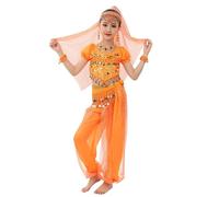 vestito carneval indian bambina Costume da ballo per bambini top e pantaloni Per bambin pancia Indian ragazze costume prestazioni abiti gonna paillettes costumi arabi danza (Orange, 9-10 Years)