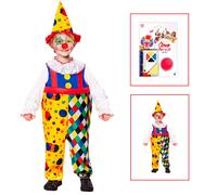 VESTITO CARNEVALE + ACCESSORI CLOWN COSTUME CAPPELLO SET TRUCCO NASO 2/3 ANNI