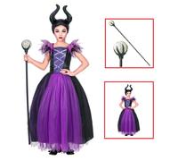 VESTITO CARNEVALE + ACCESSORI MALEFICA ABITO COPRICAPO BASTONE MAGICO 8/10 ANNI