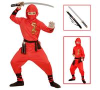 VESTITO CARNEVALE + ACCESSORI RED DRAGON NINJA COSTUME SPADA 4/5 ANNI