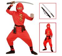 VESTITO CARNEVALE + ACCESSORI RED DRAGON NINJA COSTUME SPADA 5/7 ANNI