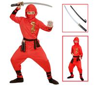 VESTITO CARNEVALE + ACCESSORI RED DRAGON NINJA COSTUME SPADA GIAPPONESE 2/3 ANNI