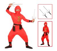 VESTITO CARNEVALE + ACCESSORI RED DRAGON NINJA COSTUME SPADA SAI 5/7 ANNI