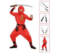 VESTITO CARNEVALE + ACCESSORI RED DRAGON NINJA NUNCHAKU SPADA SET ARMI 5/7 ANNI