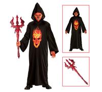 VESTITO CARNEVALE + ACCESSORI SKELETON DEVIL TESCHIO TRIDENTE DIAVOLO 8/10 ANNI