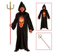 VESTITO CARNEVALE + ACCESSORI SKELETON DEVIL TESCHIO TUNICA TRIDENTE 11/13 ANNI