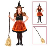 VESTITO CARNEVALE + ACCESSORI STREGA VESTITO CAPPELLO SCOPA STORTA HALLOWEN 8/10