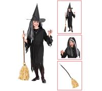 VESTITO CARNEVALE + ACCESSORI STREGA VESTITO SCOPA PARRUCCA HALLOWEEN 4/5 ANNI