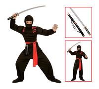 VESTITO CARNEVALE + ACCESSORI SUPER NINJA MUSCOLOSO COSTUME SPADA 8/10 ANNI