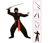 VESTITO CARNEVALE + ACCESSORI SUPER NINJA MUSCOLOSO NUNCHAKU SPADA ARMI 8/10 ANN