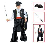 VESTITO CARNEVALE + ACCESSORI ZORRO BANDITO CAPPELLO FIORETTO 8/10 ANNI