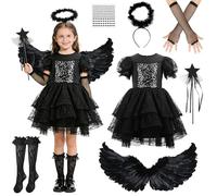 Vestito Carnevale Bambina 3-9 Anni, Costume Angelo Nero e Diavolo per Ragazze, Angelo Caduto con Ali e Alone e Bacchetta Magica, Angelo Nero Costumi per Halloween Cosplay e Feste a Tema(M(5-7 Anni))