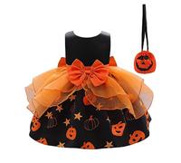 Vestito Carnevale Bambina Halloween per Ragazza Gotico Strega Stampa a Zucca Cappello Costumi Completo Cosplay Feste