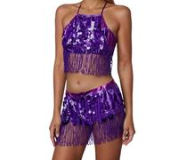 Vestito Carnevale Donna Elegante con Paillettes e Frange 2 Pezzi Top a Reggiseno e Gonna Costume da Danza del Ventre Cerimonia Vestiti Anni 20 Charleston da Ballo Latino Americano Curvy,Viola,L