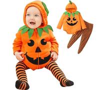 Vestito Carnevale Neonato,Maniche Lunghe Zucca Costume Neonato,Costume Zuccas Neonatos in Unisex,Costumes Zuccas Neonatos Tuta Con Cappuccio+Pantaloni Righe,Regali Natale per neonati (0-18 Mesi)