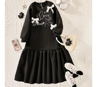 Vestito casual a maniche lunghe per ragazze con motivo in strass, decorazione in pizzo e fiocco, adatto per camminare, viaggiare, fare shopping, vacanze, può essere abbinato a giacca o gilet 8Y,9Y,10Y