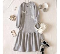 Vestito casual a maniche lunghe per ragazze con motivo in strass, decorazione in pizzo e fiocco, adatto per camminare, viaggiare, fare shopping, vacanze, può essere abbinato a giacca o gilet 8Y,9Y,10Y