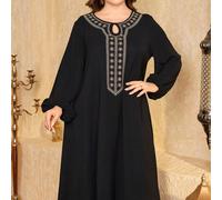 Vestito casual ampio e lungo da donna taglie comode, con ricamo, scollo a buco della serratura 0XL,1XL,2XL,3XL,4XLGeometricoTessuto intrecciato