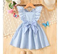 Vestito casual corto per bambine con maniche corte, con fiocco, balze e righe blu e bianche, adatto per uso quotidiano, primavera/estate, stile resort 6Y,7Y,8Y,4Y,5YA striscePoliestere