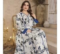 Vestito casual da donna con scollo a V stampato e a blocchi di colore, maniche lunghe, morbido e ampio, in stile arabo, adatto per la primavera e l'autunno, taglie comode e modesto 0XL,1XL,2XL,3XL,4XL