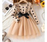Vestito casual da ragazza a maniche lunghe in maglia, con stampa digitale a cuore, orlo arricciato e sovrapposizione in rete, adatto per vacanze, feste, regalo 6Y,7Y,4Y,5YGeometricoPoliestere