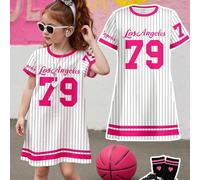 Vestito casual e morbido, a maniche corte, di media lunghezza, con stampa "Los Angeles" n. 79 e righe rosa, adatto per l'estate, per ragazze giovani 6Y,7Y,4Y,5YGeometrico,LettereTessuto