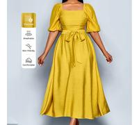 Vestito casual ed elegante di stile francese per donne taglie forti, con scollo quadrato, maniche corte e linea ad A, con volant e rouches sulla parte anteriore. Nuovo vestito primaverile/estivo da do